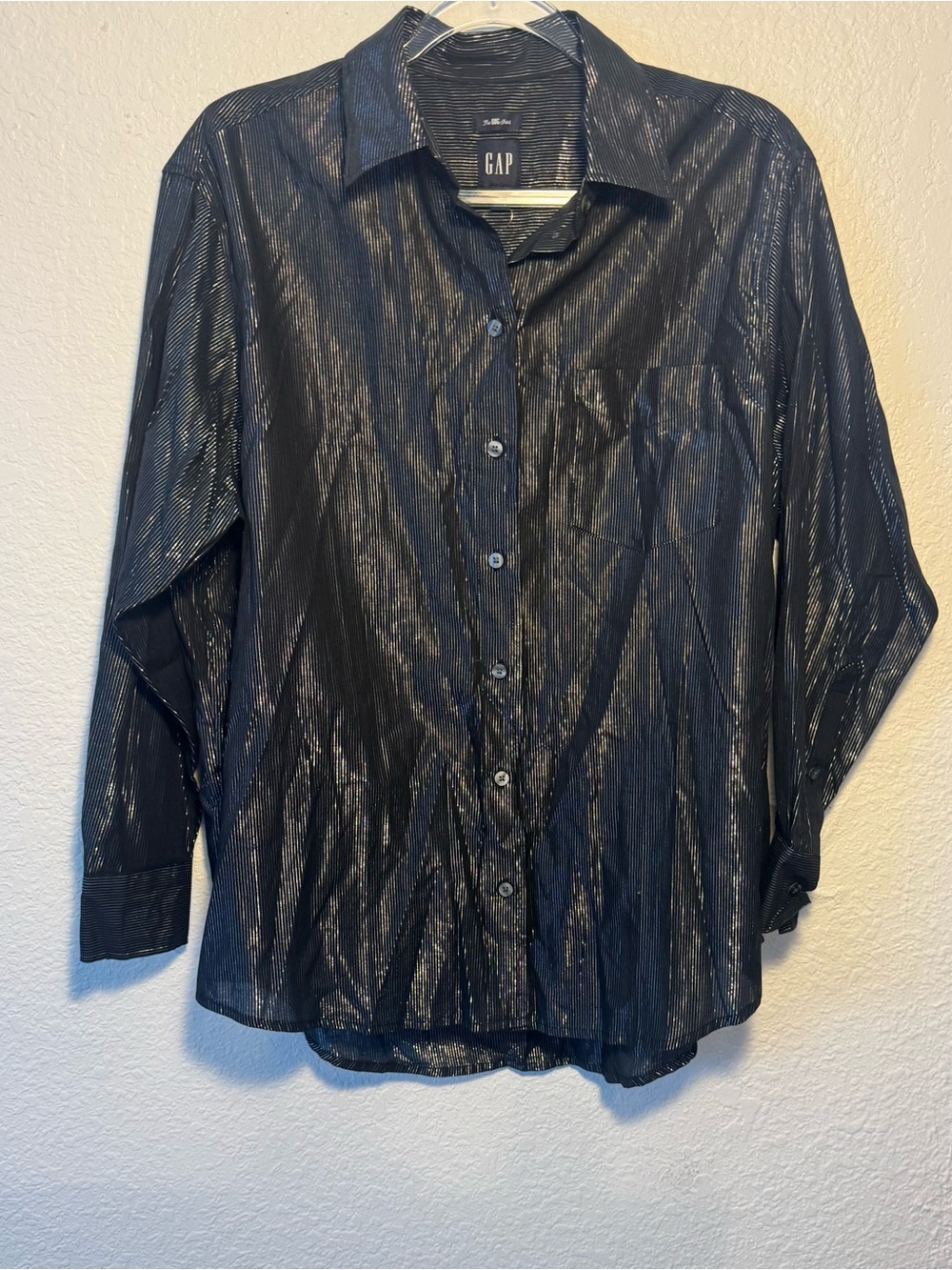 Gap Sheer Metallic Black Button-Up Top - Women's Evening Shirt - Picture 3 of 4